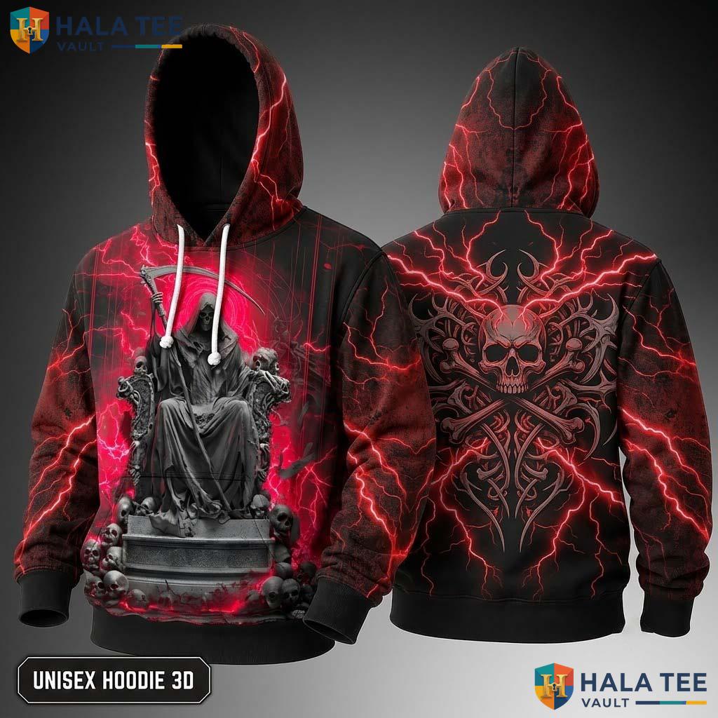 Red Skull Lightning Reaper 3D Hoodie Gothic Graphic Casual Streetwear