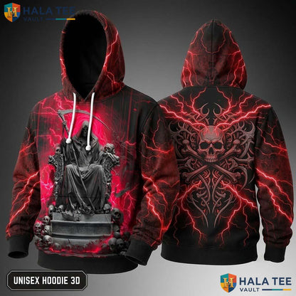 Red Skull Lightning Reaper 3D Hoodie Gothic Graphic Casual Streetwear