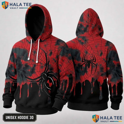Red Spider Web 3D Hoodie Spooky Black Graphic Halloween Costume Apparel