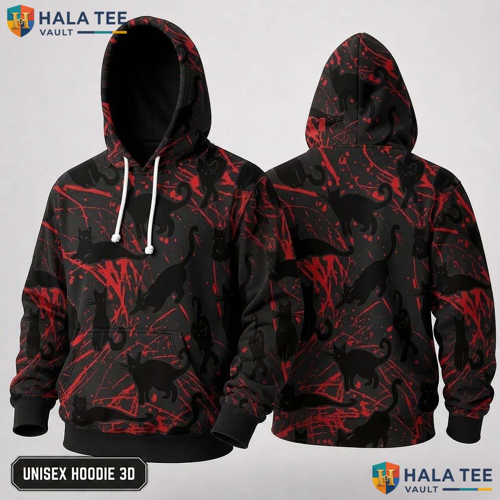 Red Splashes Black Cat 3D Hoodie Chaotic Spooky Halloween Festivity Top