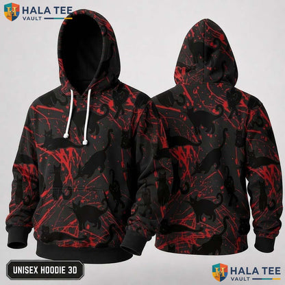 Red Splashes Black Cat 3D Hoodie Chaotic Spooky Halloween Festivity Top