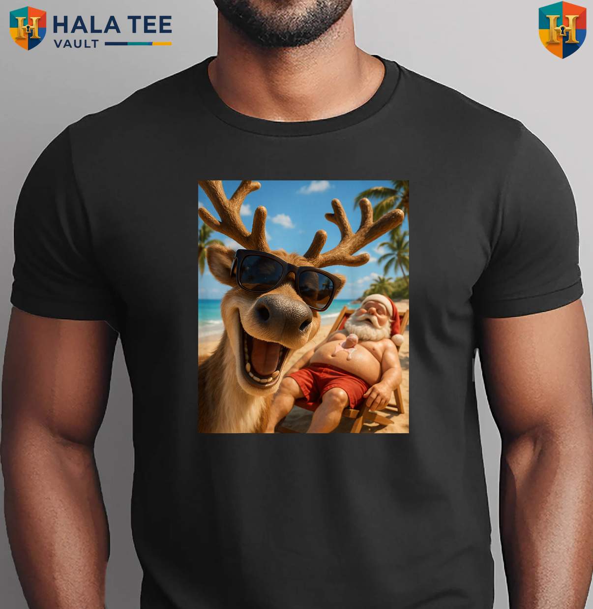 Reindeer Beach Selfie Christmas Shirt Funny July Summer Holiday Party Top