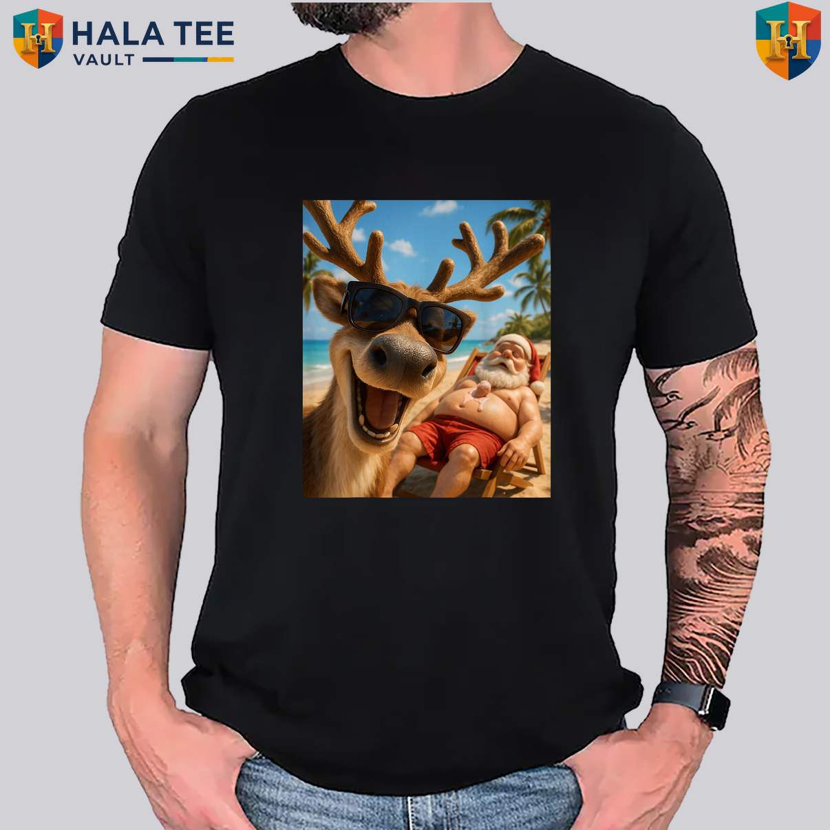 Reindeer Beach Selfie Christmas Tee Shirt Funny July Summer Holiday Party Top