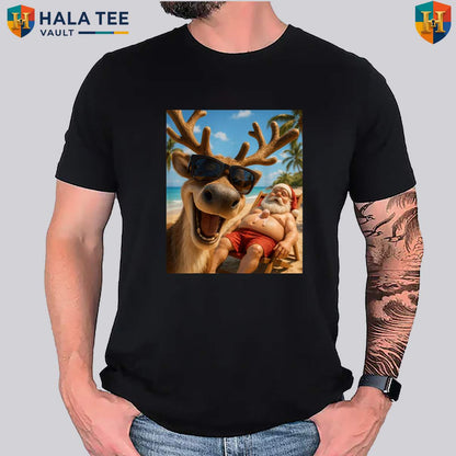 Reindeer Beach Selfie Christmas Tee Shirt Funny July Summer Holiday Party Top