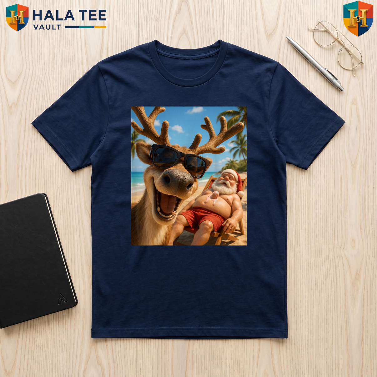 Reindeer Beach Selfie Christmas TShirt Funny July Summer Holiday Party Top