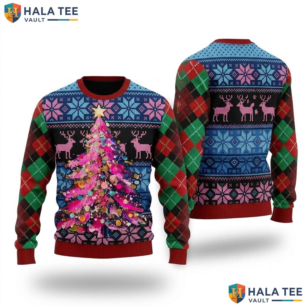 Reindeer Colorful Tree Ornaments Sweater Vibrant Cute Christmas Apparel