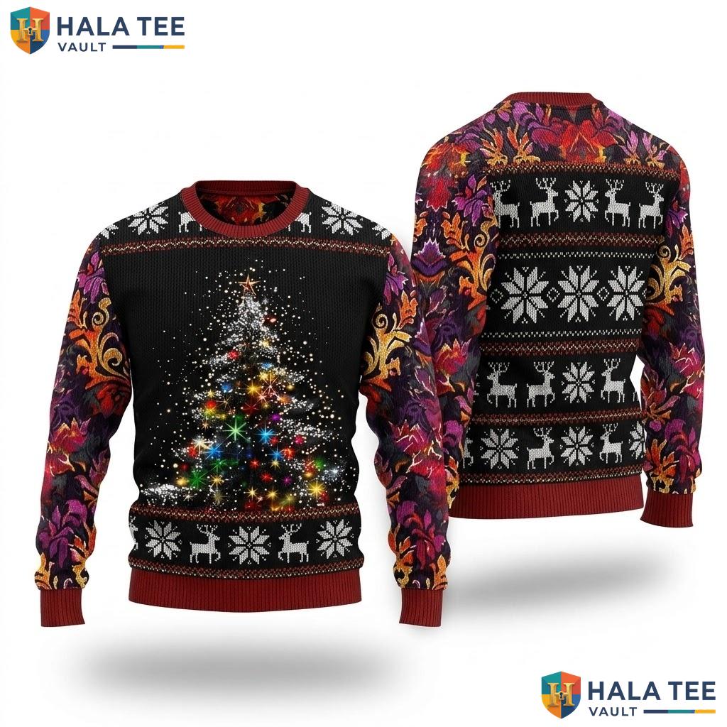 Reindeer Floral Tree Ugly Christmas Sweater Vintage Festive Holiday Top