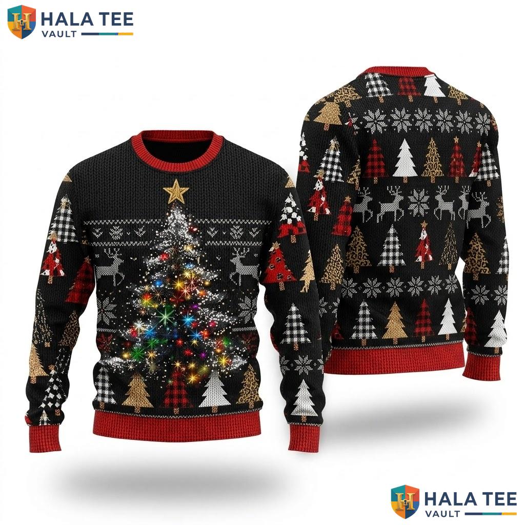 Reindeer Graphic Tree Vintage Ugly Sweater Christmas Holiday Womens Top