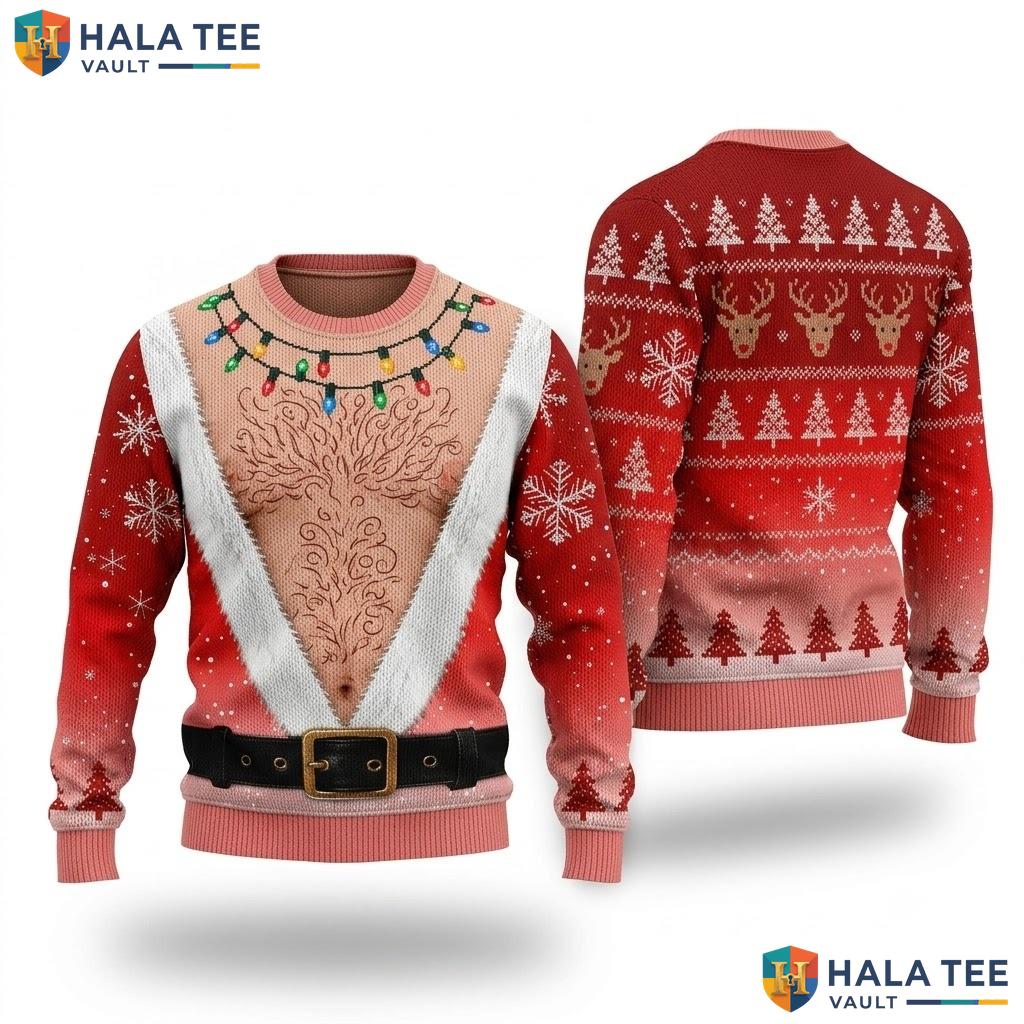 Reindeer Hairy Chest Ugly Sweater Printed Lights Funny Xmas Mens Top