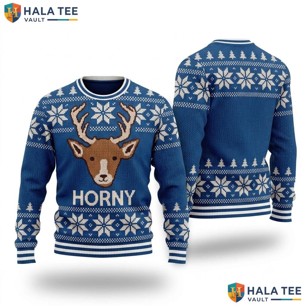 Reindeer Horny Buck Ugly Christmas Sweater Navy Blue Xmas Mens Outfit