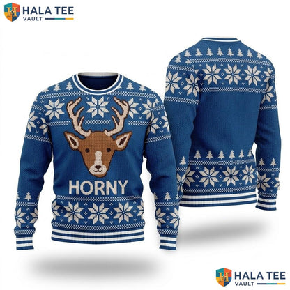 Reindeer Horny Buck Ugly Christmas Sweater Navy Blue Xmas Mens Outfit