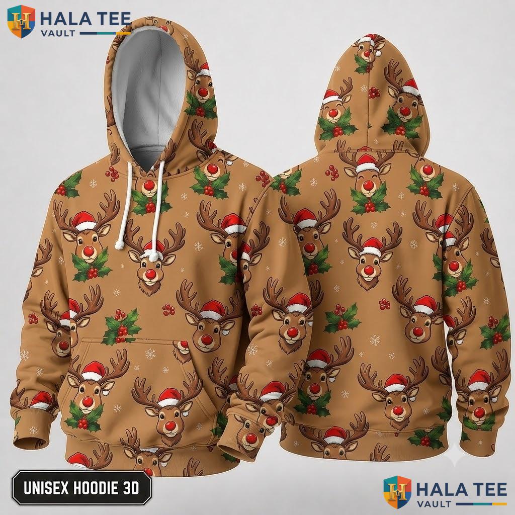 Reindeer Khaki Fleece Xmas 3D Hoodie Cool Holiday Pullover For Boys