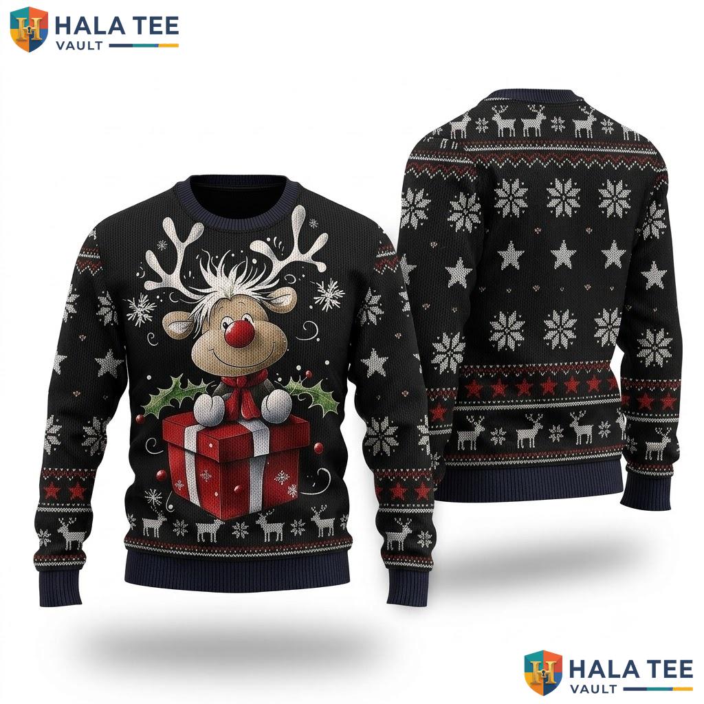 Reindeer Long Sleeve Festive Ugly Sweater Playful Christmas Womens Top
