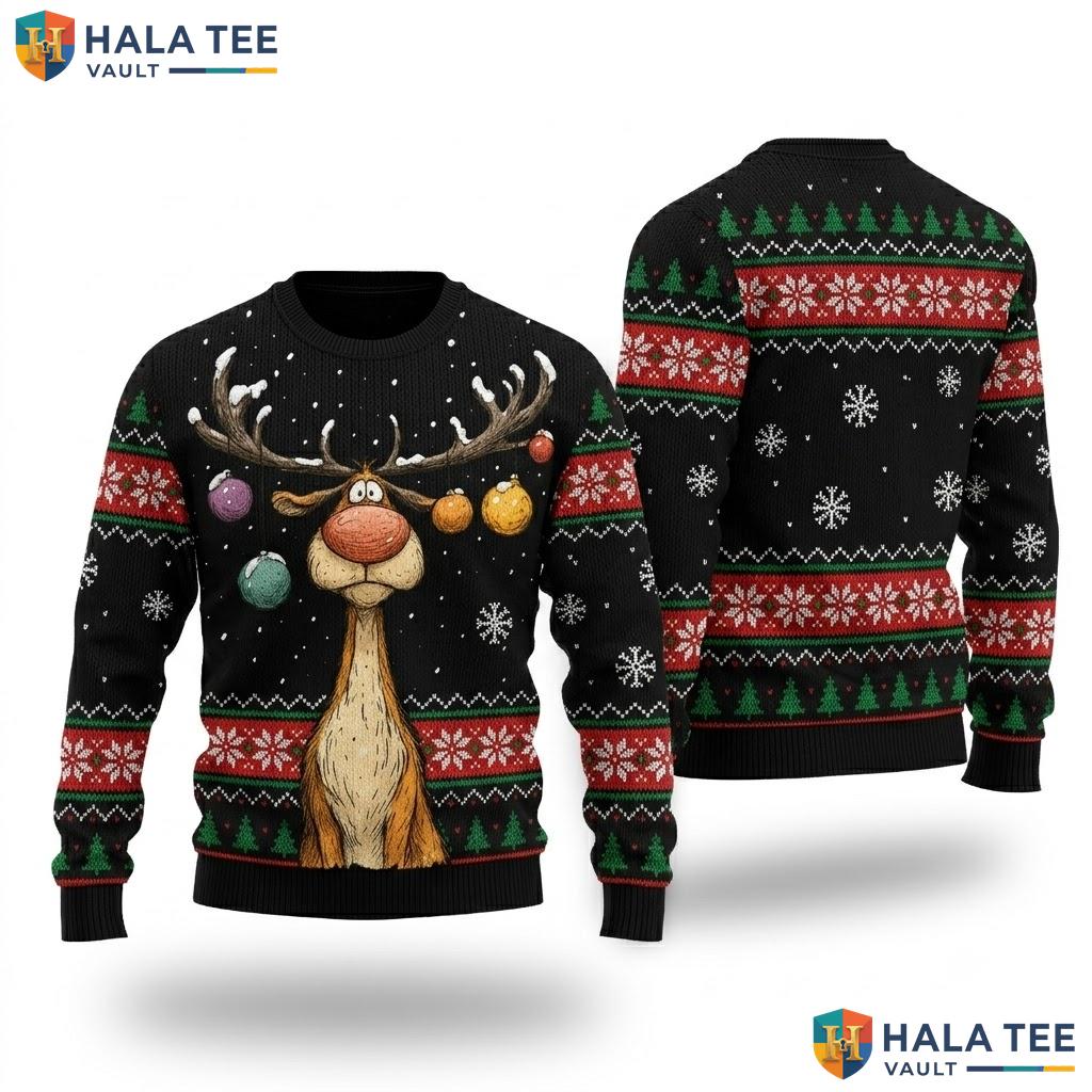 Reindeer Merry Vintage Ugly Christmas Sweater Festive Holiday Top