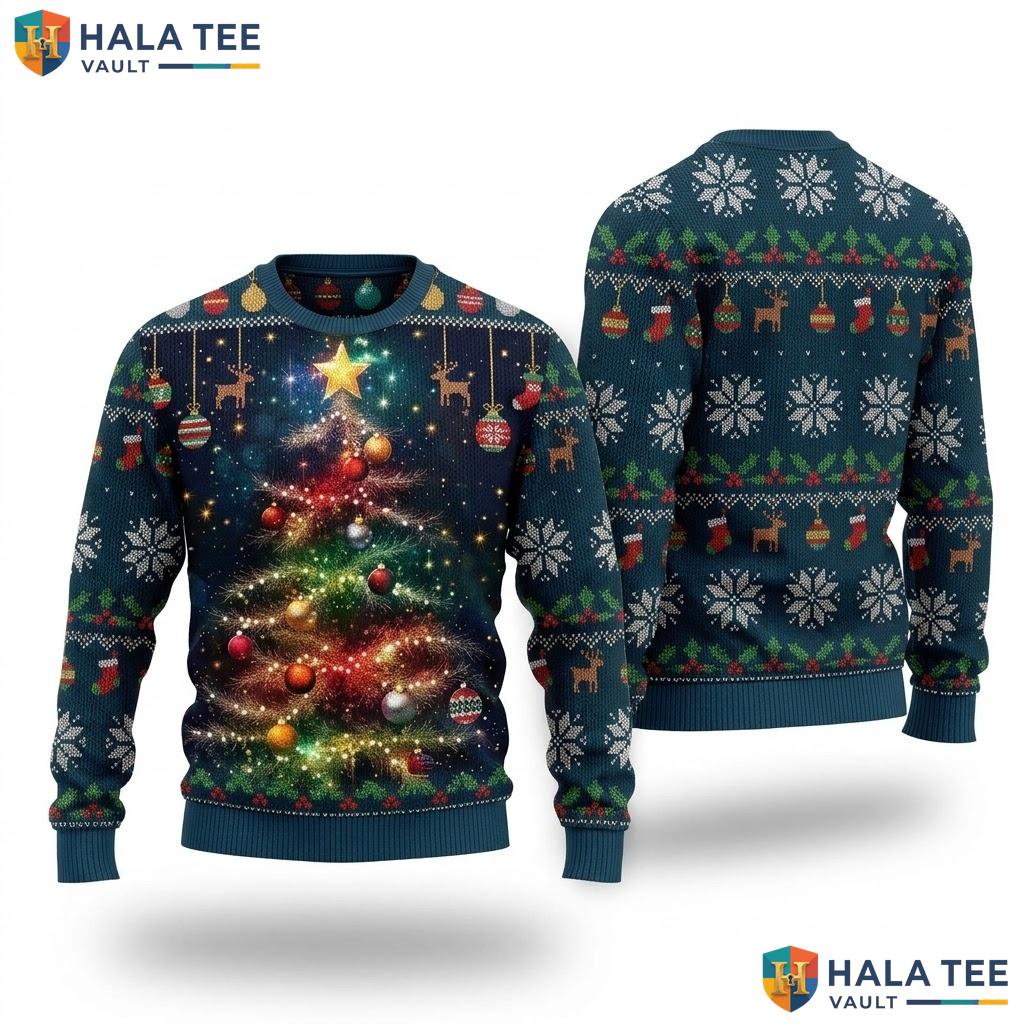 Reindeer Multicolor Tree Christmas Sweater Playful Holiday Womens Apparel