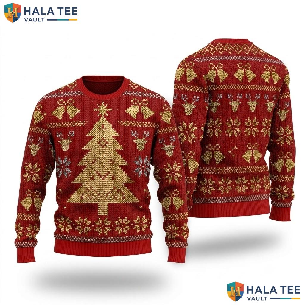 Reindeer Red Patterns Ugly Christmas Sweater Vibrant Festive Holiday Top