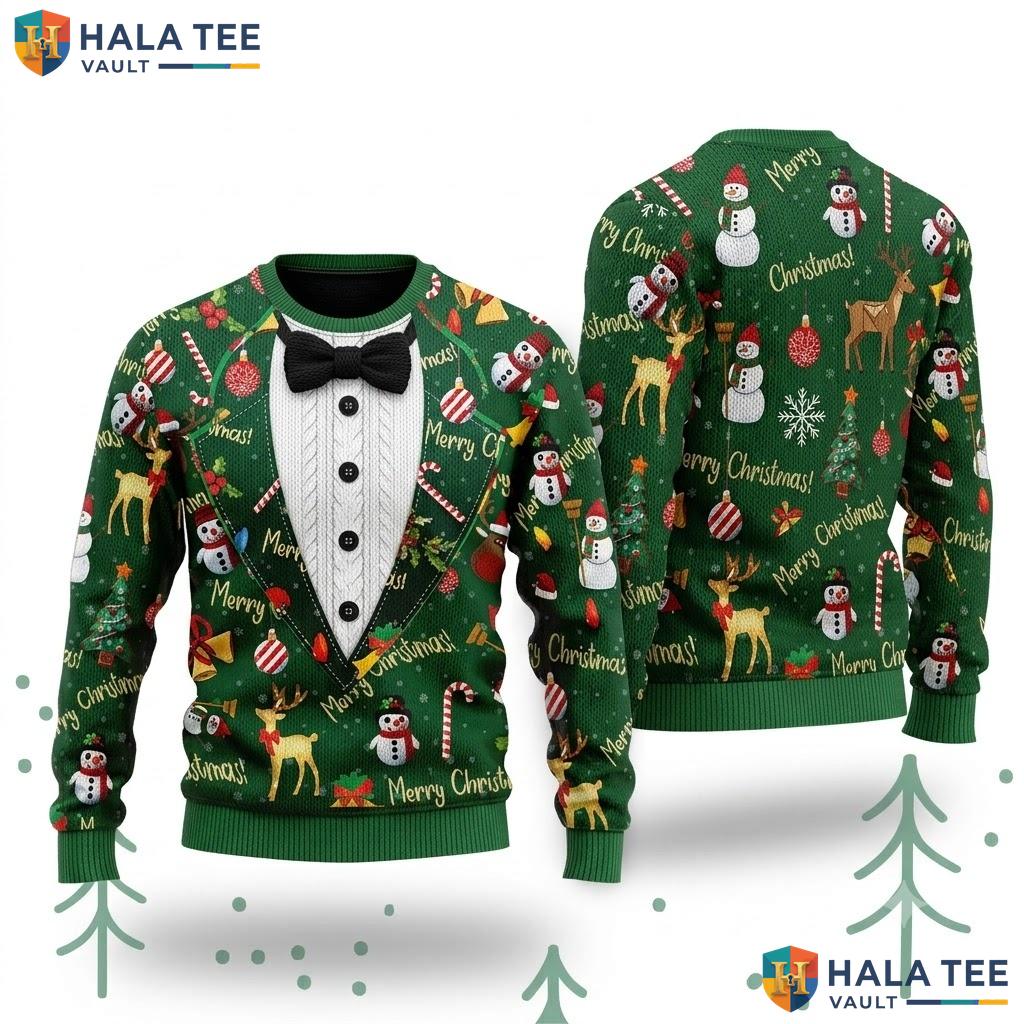 Reindeer Snowmen Tuxedo Ugly Xmas Sweater Merry Christmas Graphic Knit