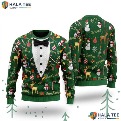 Reindeer Snowmen Tuxedo Ugly Xmas Sweater Merry Christmas Graphic Knit