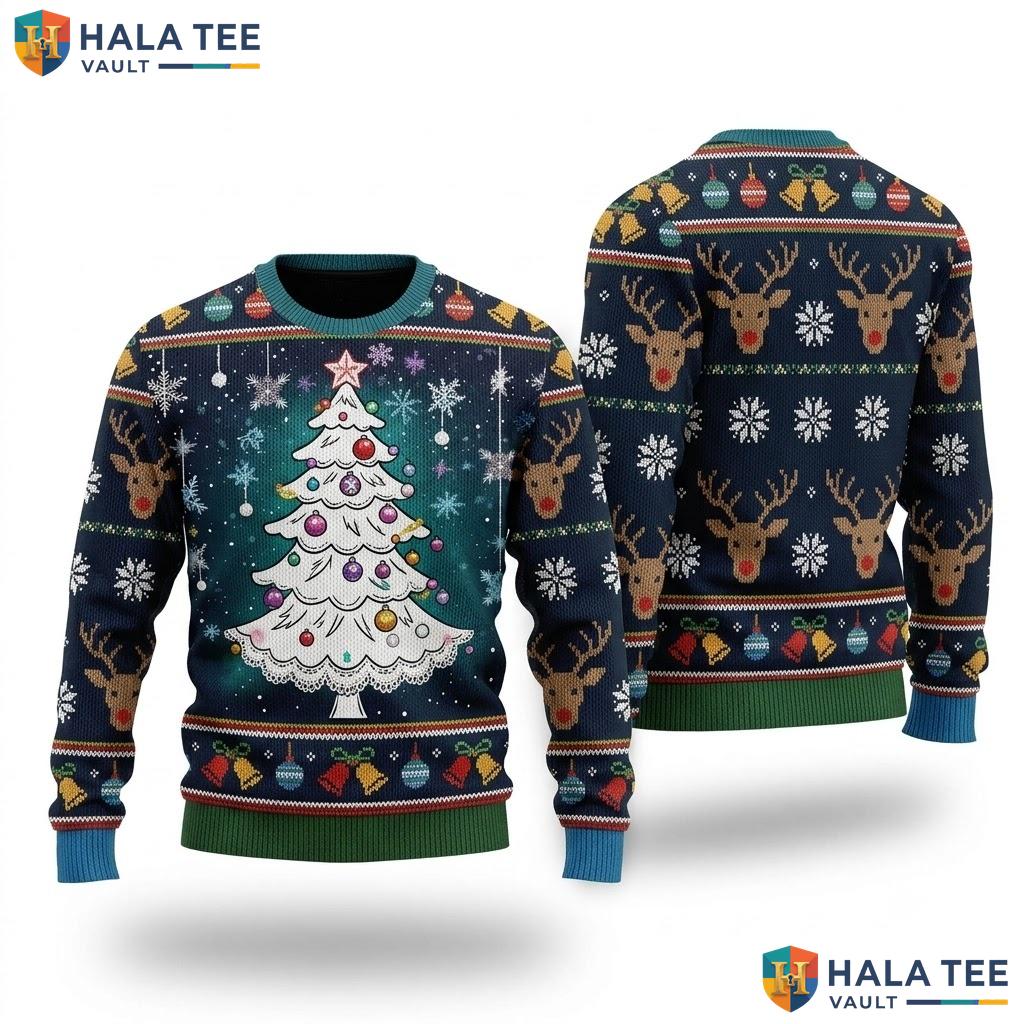 Reindeer Vintage Graphic Tree Ugly Sweater Cute Holiday Womens Apparel