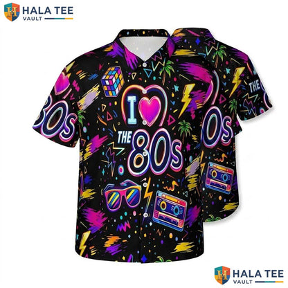 Retro 80s Aloha Shirt Neon Design Fun Button Down Summer Apparel For Men