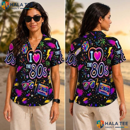 Retro 80s Tropical Shirt Neon Design Fun Button Down Summer Apparel For Men