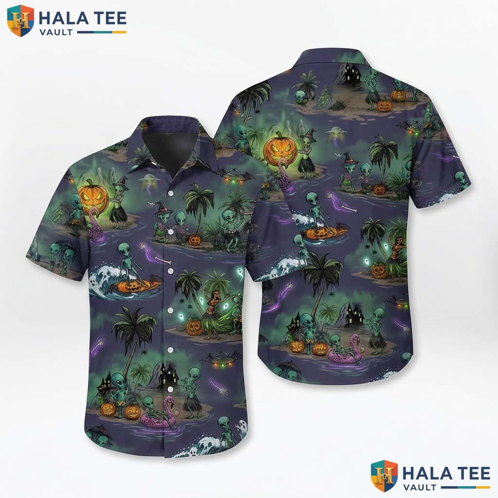 Retro Alien Halloween Hawaiian Shirt Spooky UFO Summer Beach Aloha