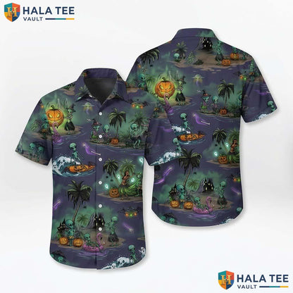 Retro Alien Halloween Hawaiian Shirt Spooky UFO Summer Beach Aloha