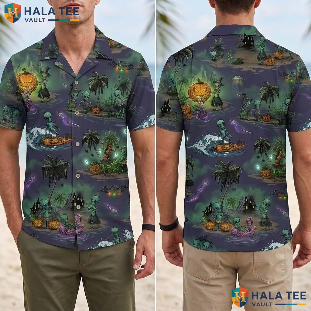Retro Alien Halloween Hawaiian Shirt Spooky UFO Summer Beach Aloha Adult