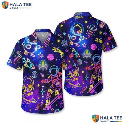 Retro Astronaut Duck Hawaiian Shirt Neon 80s Graphic Summer Button Down Men