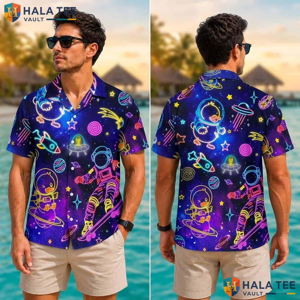 Retro Astronaut Duck Tropical Shirt Neon 80s Graphic Summer Button Down Men