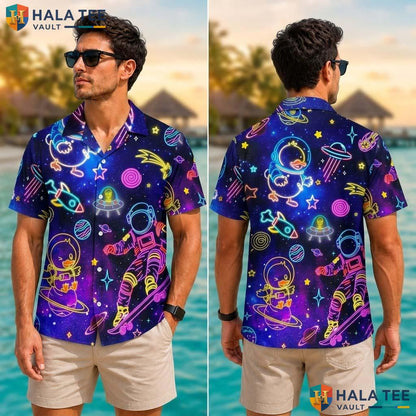 Retro Astronaut Duck Tropical Shirt Neon 80s Graphic Summer Button Down Men