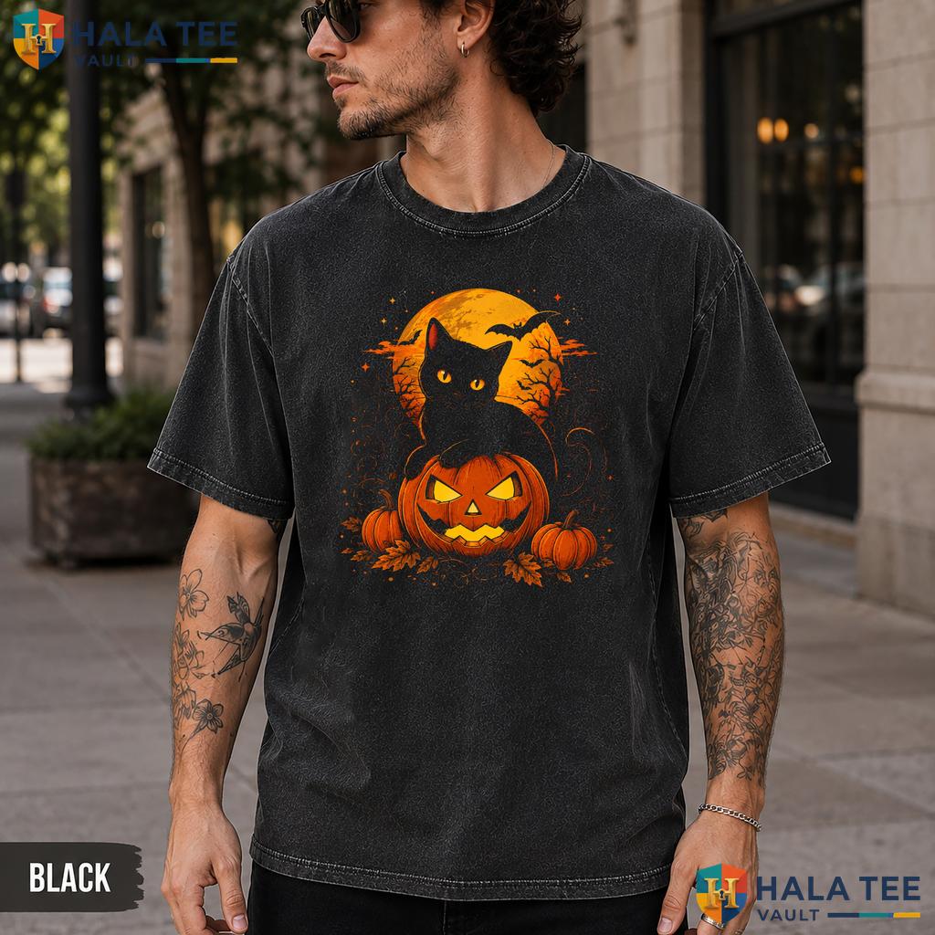Retro Black Cat Washed T-Shirt Vintage Pumpkin Halloween Party Apparel