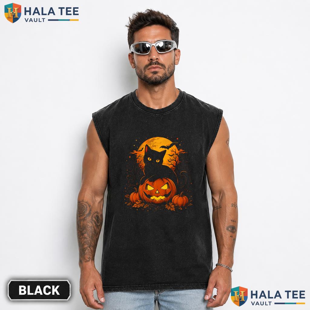 Retro Black Cat Streetwear Washed T-Shirt Vintage Pumpkin Halloween Party Apparel