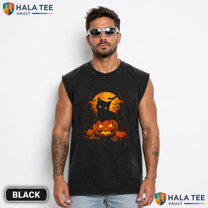 Retro Black Cat Streetwear Washed T-Shirt Vintage Pumpkin Halloween Party Apparel