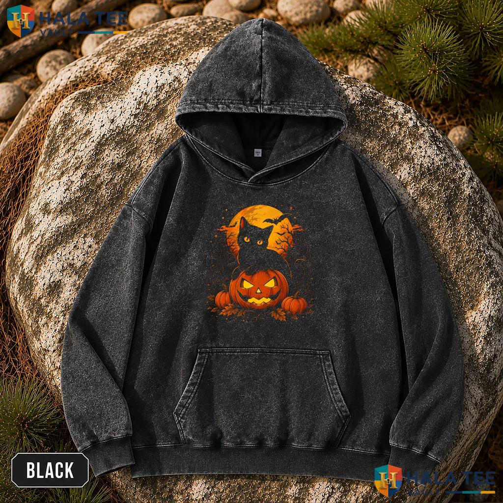 Retro Black Cat Vintage Washed Shirt Vintage Pumpkin Halloween Party Apparel