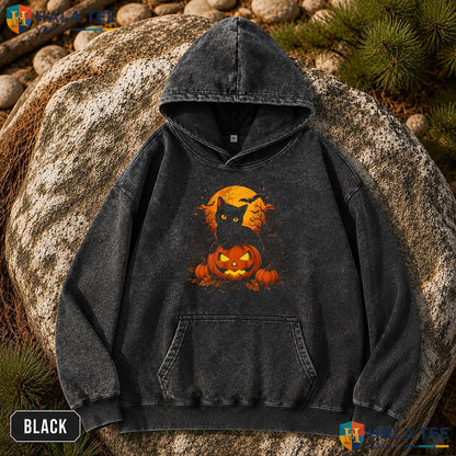 Retro Black Cat Vintage Washed Shirt Vintage Pumpkin Halloween Party Apparel