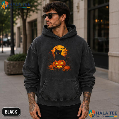 Retro Black Cat Acid Washed T-Shirt Vintage Pumpkin Halloween Party Apparel