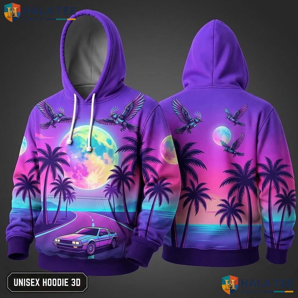Retro Car Sunset Thanksgiving 3D Hoodie Vibrant Palm Trees Birds Top