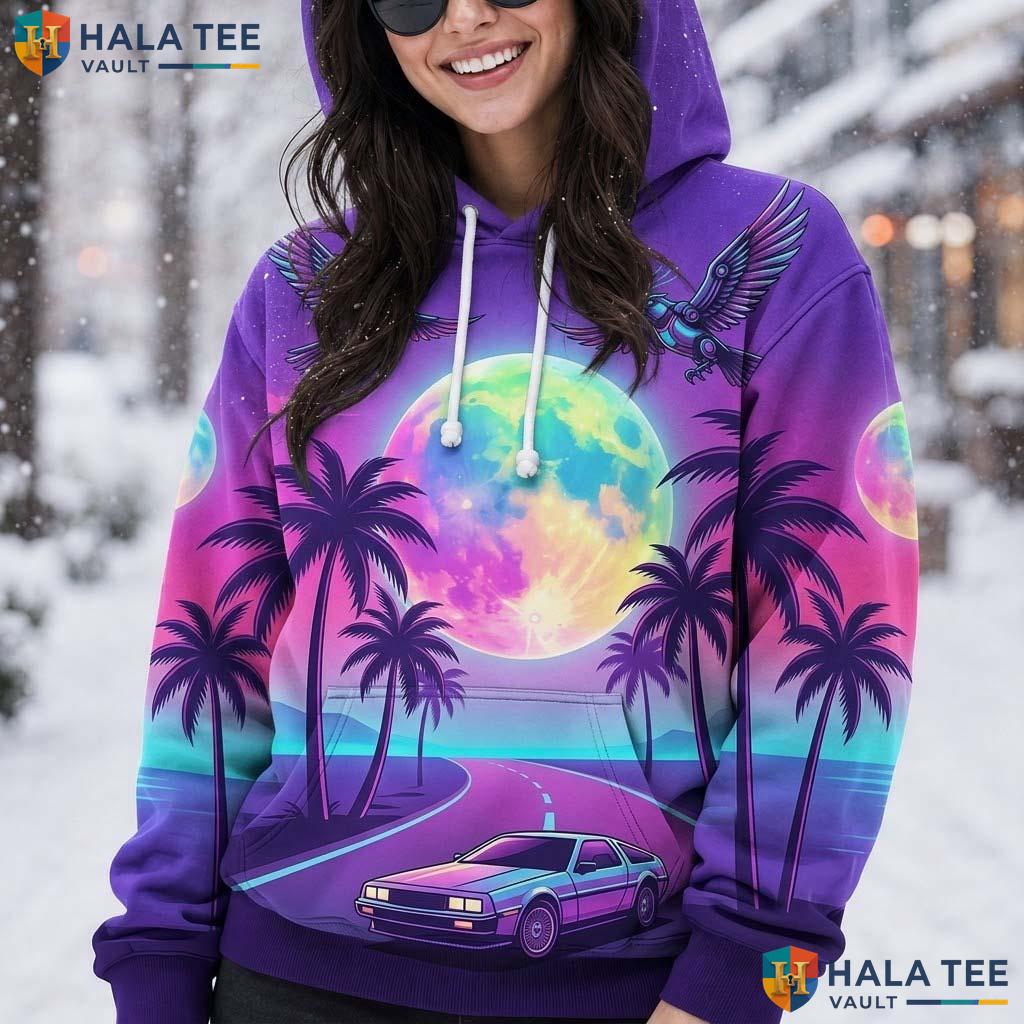Retro Car Sunset Thanksgiving 3D Printed Hoodie Vibrant Palm Trees Birds Top