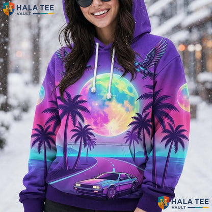 Retro Car Sunset Thanksgiving 3D Printed Hoodie Vibrant Palm Trees Birds Top