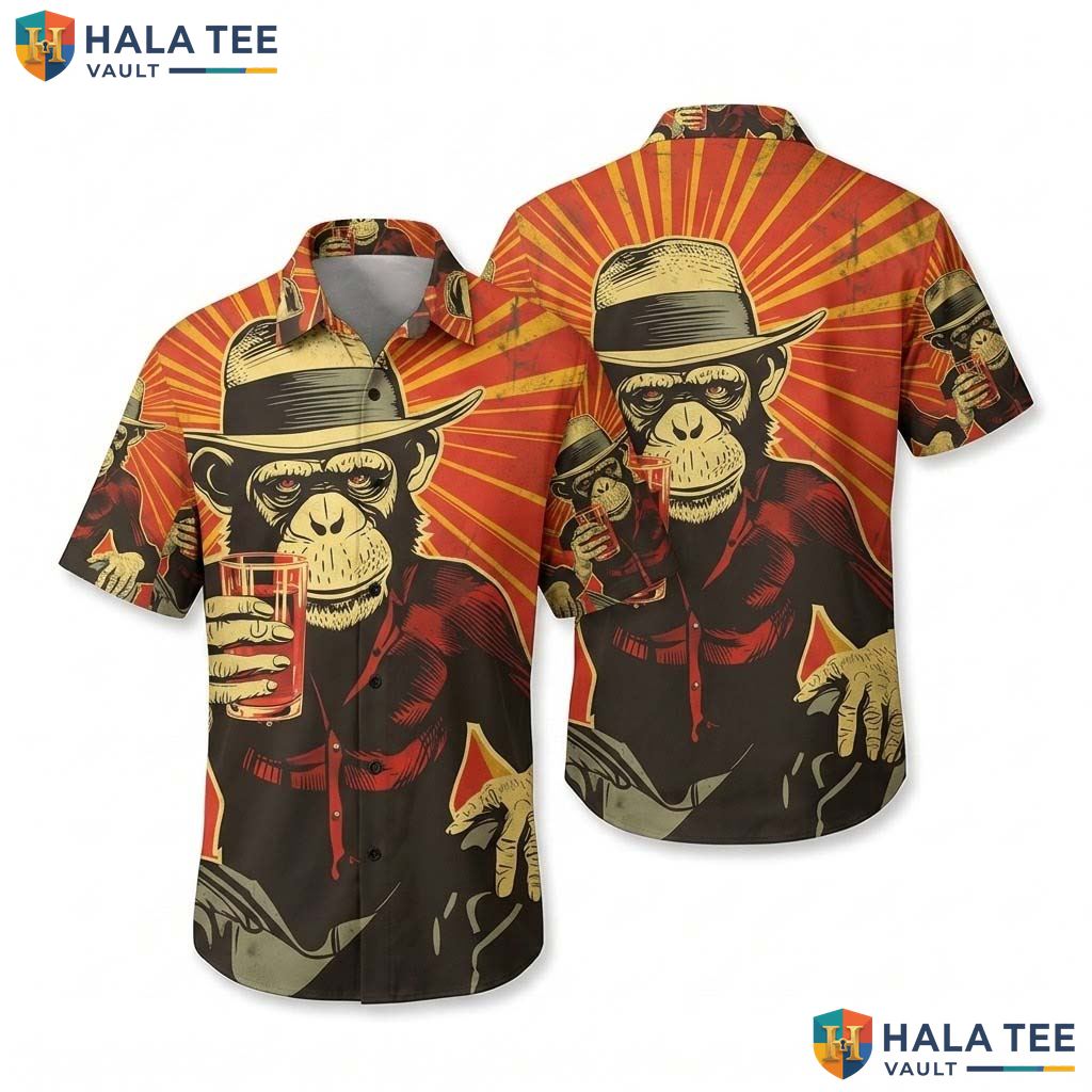 Retro Chimpanzee Aloha Shirt Mens Novelty Print Summer Casual Button Down