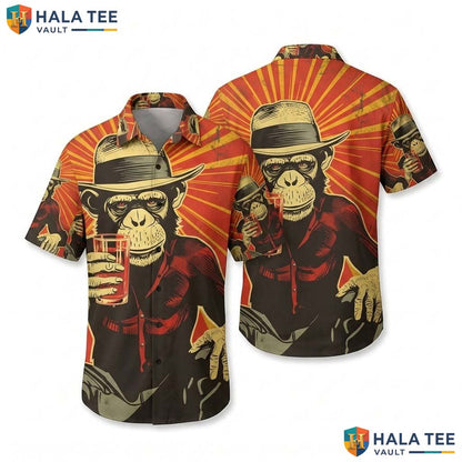 Retro Chimpanzee Aloha Shirt Mens Novelty Print Summer Casual Button Down