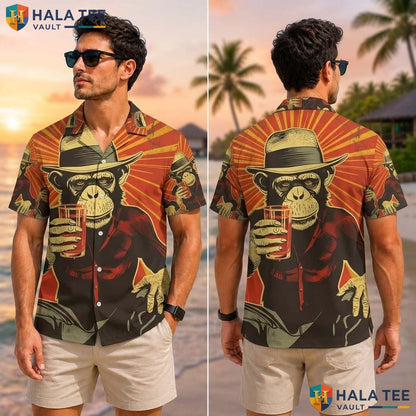 Retro Chimpanzee Tropical Shirt Mens Novelty Print Summer Casual Button Down