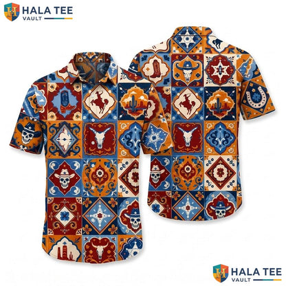 Retro Cowboy Patchwork Hawaiian Shirt Vintage Western Summer Beach Outing Top