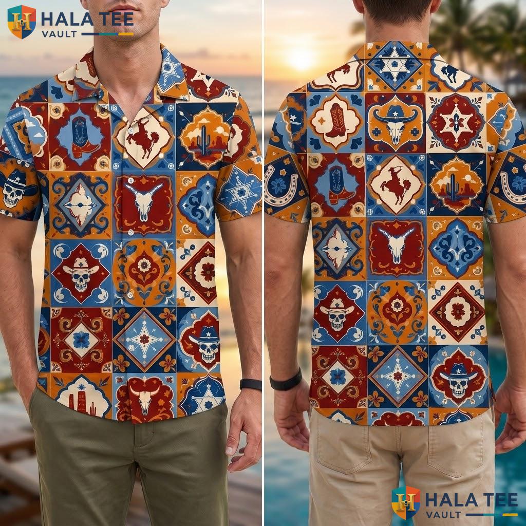 Retro Cowboy Patchwork Hawaiian Shirt Vintage Western Summer Beach Outing Top Adult