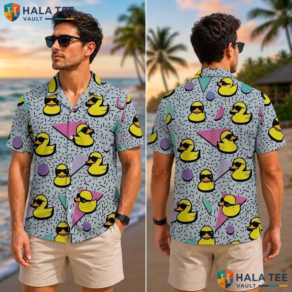 Retro Duck Cartoon Tropical Shirt Vibrant 80s 90s Funky Button Down Apparel