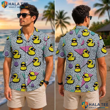 Retro Duck Cartoon Tropical Shirt Vibrant 80s 90s Funky Button Down Apparel