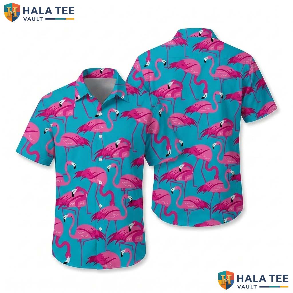 Retro Flamingo Aloha Shirt Vibrant Pink Turquoise Short Sleeve Button Down