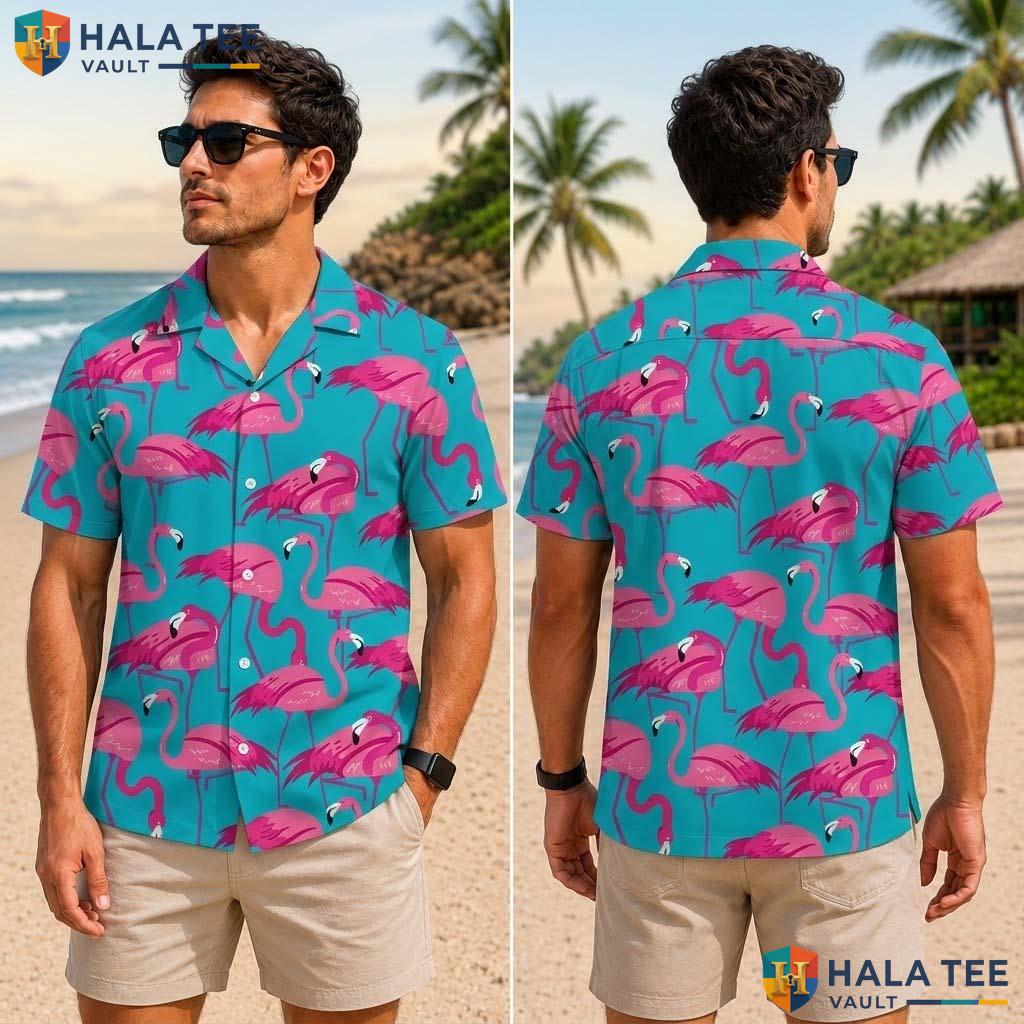 Retro Flamingo Tropical Shirt Vibrant Pink Turquoise Short Sleeve Button Down