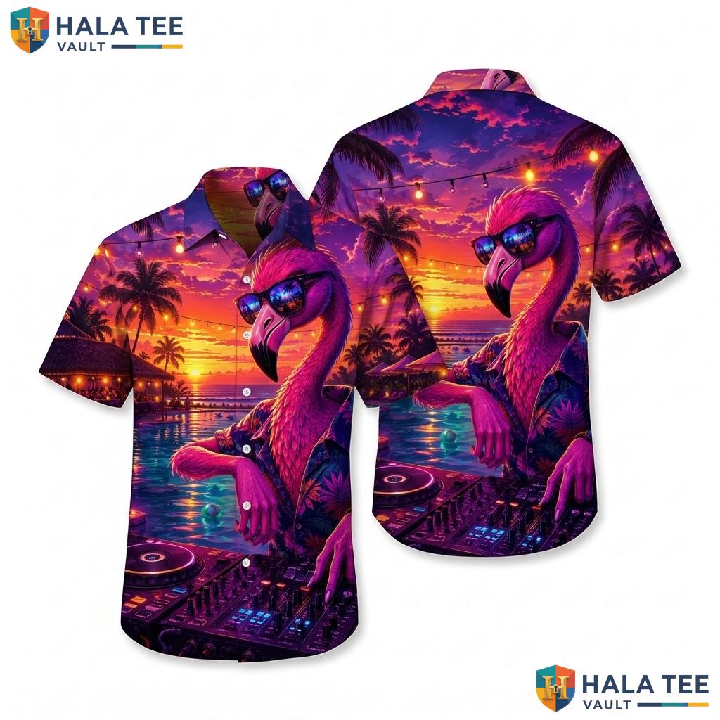 Retro Flamingo Dj Hawaiian Shirt Vibrant Graphic Short Sleeve Casual Top